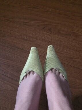 Shannon Britt Iridescent Lime Green Snake Textured Kitten Heels -Missing Flowers